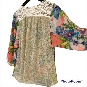 Fig and Flower Spring blouse flowers Transparent lace 3/4 sleeves